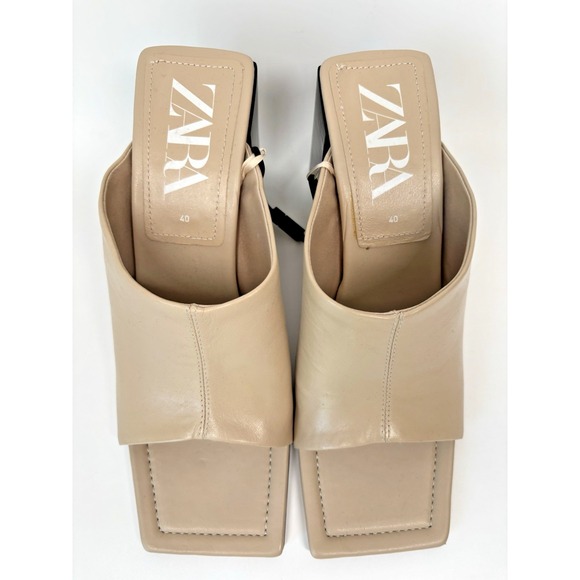 Zara Leather Sandals Womens 40 Beige Tan Heels Mules Squared Toe Slip On 90s Y2K - Picture 3 of 7